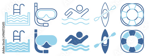 Snorkel swimming kayak water sport line icon set on transparent background