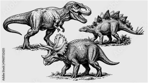 Vintage Style Engraving of T-Rex Triceratops and Stegosaurus