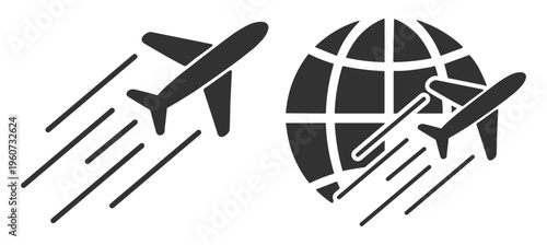 Airplane travel icon with flight and transport symbols on transparent background