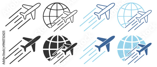 Airplane travel flight icon with globe symbol on transparent background