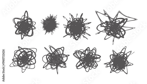 Collection of eight dark gray scribbled abstract shapes white chaos messy
