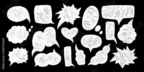 Vector set of hand drawn scribble speech bubbles in white on black background. Chalk style doodle talk frame collection with rough scratch texture for comic strip, social media post, sticker, poster.