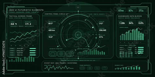 A futuristic green HUD user interface display featuring tactical