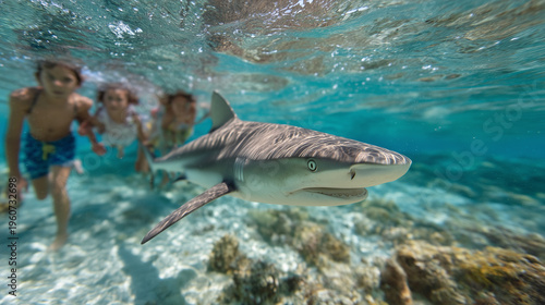 Misidentified reef shark swimming peacefully near snorkeling children in clear shallow Caribbean water demonstrating docile nature contradicting fear narratives, perfect for ocean safety education m