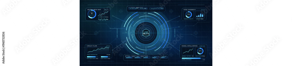Obraz premium A futuristic digital interface dashboard featuring a central AI core