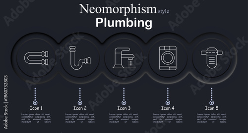 Plumbing set icon. Pipe system connector, sink drain pipe, water faucet tap, washing machine appliance, plumbing valve filter, household water supply maintenance.