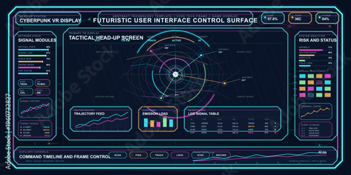 This futuristic cyberpunk user interface features a tactical head-up