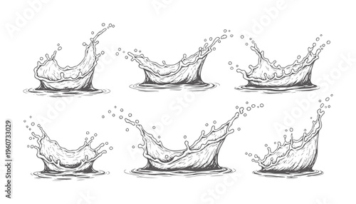 Six hand drawn water splashes with droplets and ripples liquid