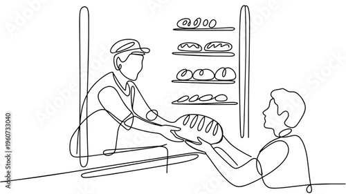 Bakery worker placing bread in oven line illustration food production sketch