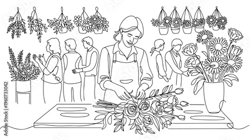 Florist arranging flowers shop interior line illustration lifestyle sketch