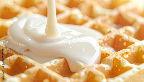 Glossy yogurt dripping over crispy waffle in macro detail with rich texture