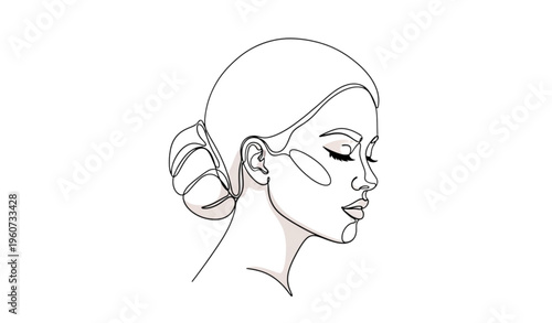 A minimalist line art illustration of a woman's face with skincare products