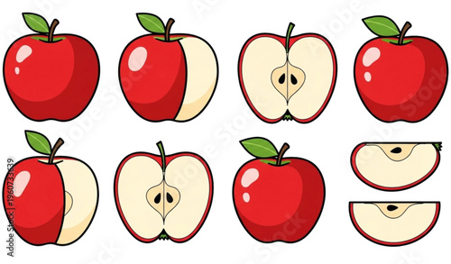 A colorful vector graphic illustration of various red apples and apple slices