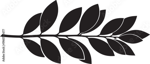 Black leaf branch vector, dark foliage icon, minimalist leafy twig illustration, simple botanical design element