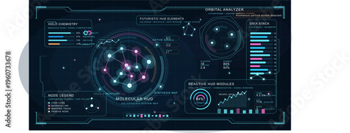 A futuristic HUD interface featuring molecular structures, orbital
