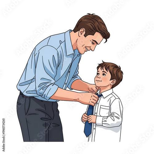 Father helping son tie a tie while smiling in cartoon illustration  