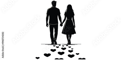 Couple walking hand in hand silhouette illustration, romantic love scene design, heart trail artwork, companionship affection vector, flat illustration