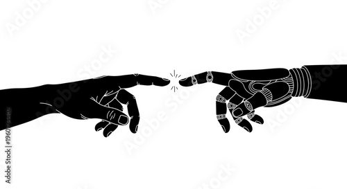 A symbolic illustration of a human finger touching a robotic finger representing technology fusion