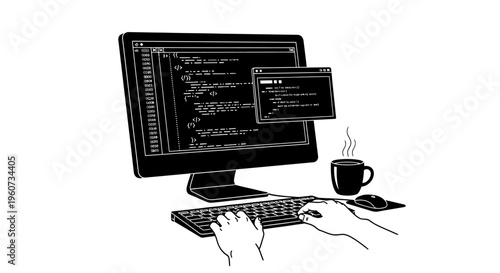 A minimalist black and white illustration of a programmer working on code at a computer desk