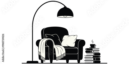 Cozy reading corner silhouette illustration, armchair with pillows blanket, floor lamp books coffee design, relaxation leisure artwork, flat vector illustration