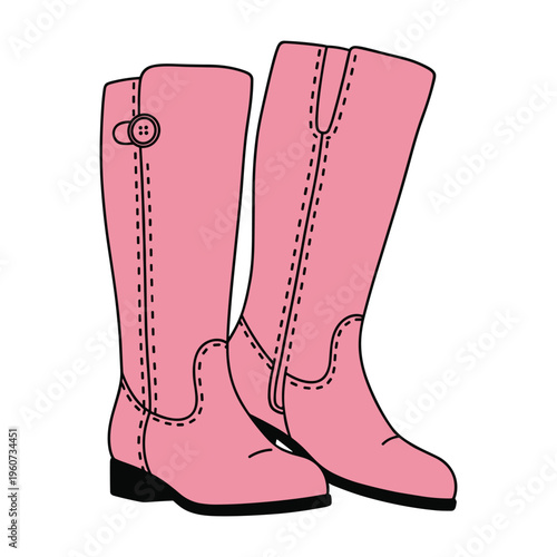 A pair of light pink knee-high boots with black soles and stitching, one featuring a buttoned strap
