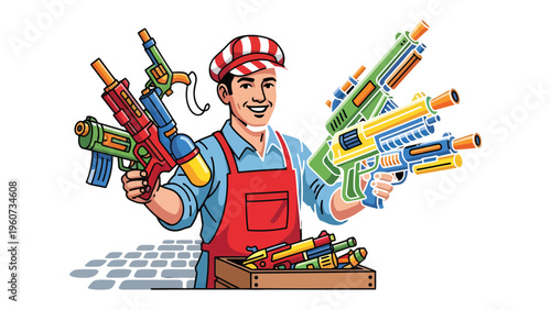 Toy seller and toys: A smiling toy seller surrounded by a variety of colorful toy weapon, representing fun, games, and childhood imagination. 