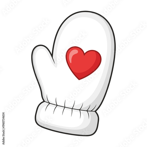 A single white cartoon mitten with a prominent red heart on the back, ready for winter warmth and affection