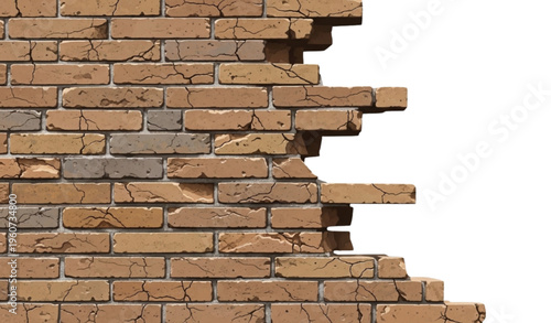 A damaged brick wall with broken bricks and a white background
