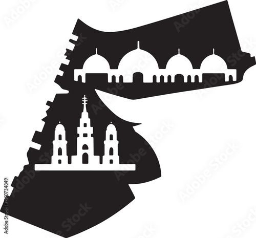 Black silhouette map of jordan showcasing country's geographic borders and famous architectural buildings
