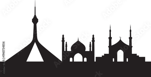 Baku Azerbaijan city skyline silhouette with heydar aliyev center and prominent minarets