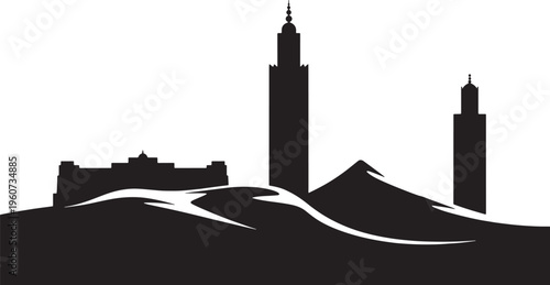 Casablanca morocco skyline silhouette with hassan towers and sahara desert sand dune landscape