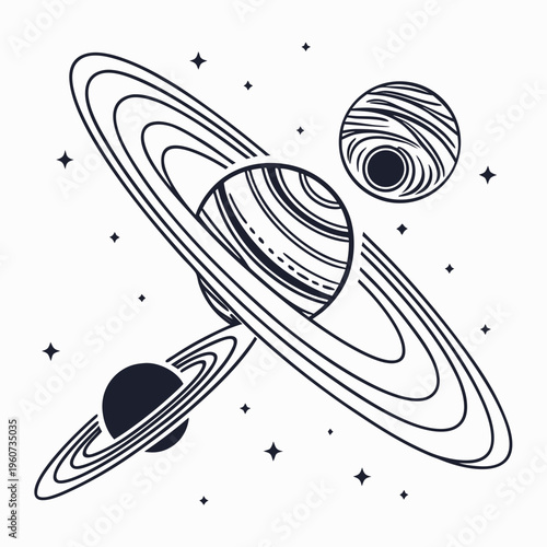 A line drawing of planets and their rings in space with stars