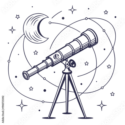 A line drawing of a telescope on a tripod pointing at the crescent moon with stars and planets in the background