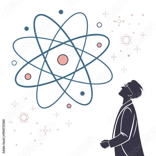 A man in a lab coat looks up at a large atom symbol with orbiting electrons and smaller molecular structures around it