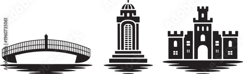 Collection of three black silhouette architectural city landmarks including bridge tower and castle with reflections