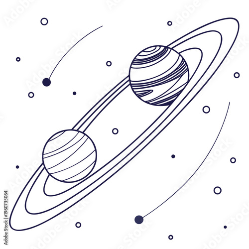 Vector illustration of two planets with rings and moons in a stylized celestial scene