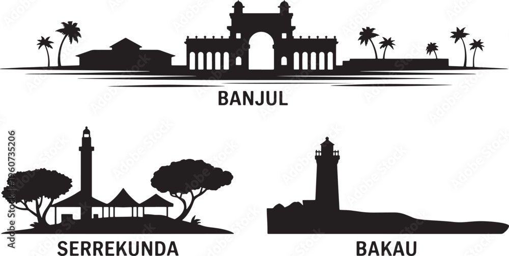 Obraz premium Gambia city silhouettes featuring banjul arch 22 serrekunda landscape and bakau lighthouse icon