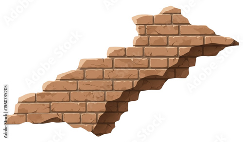 A broken brick wall fragment with a jagged edge on a white background