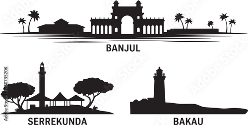 Gambia city silhouettes featuring banjul arch 22 serrekunda landscape and bakau lighthouse icon