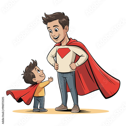 Father and son in superhero capes child