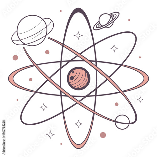 An illustration of an atom with planets and stars in a stylized design