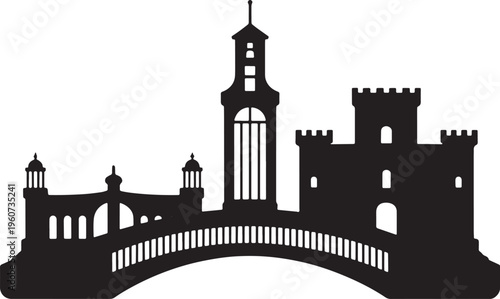 Historic cityscape silhouette featuring monumental bridge large central clock tower and medieval castle fortress vector design.