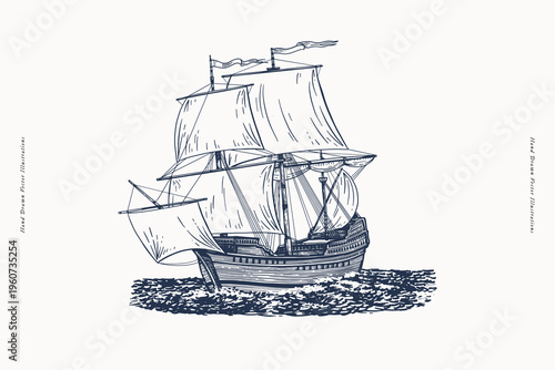 Old ship. Sailboat is sailing on the sea. Old-time frigate is a symbol of adventure and treasure hunting. Vector illustration in engraving style.