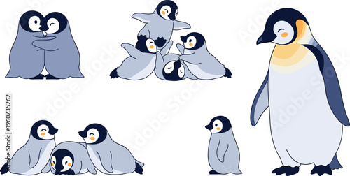 Cute Penguin Family Cartoon Set with Baby Penguins and Parent Characters Adorable Animal Vector Collection Isolated on White Background