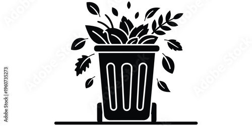 Organic waste bin silhouette illustration, compost leaves design, environmental sustainability concept, recycling eco artwork, waste management vector, flat illustration