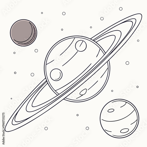 A line drawing of planets and rings in space with a moon and stars