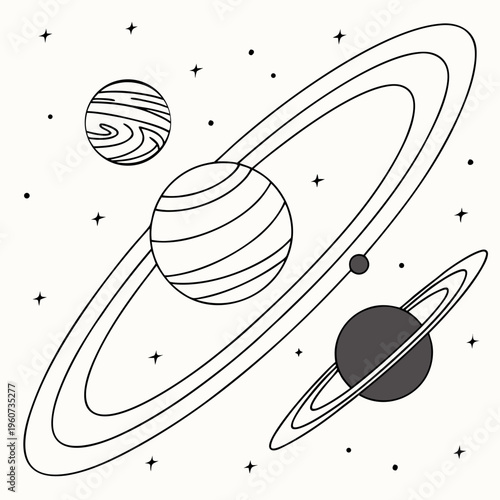 A line drawing of planets and rings in space with stars