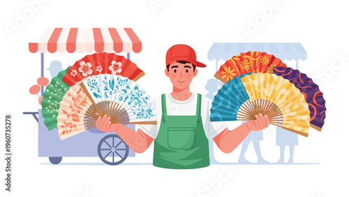 Artisan Displaying Hand Fans: A craftsman proudly showcases a vibrant array of intricate hand fans at his street stall, embodying artistry and craftsmanship.