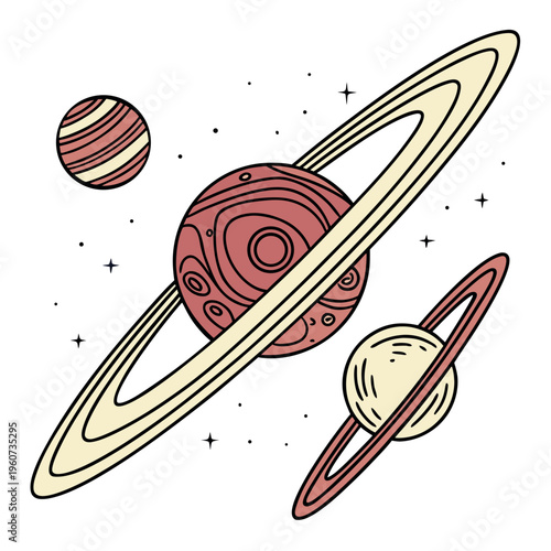 Colorful illustration of planets and rings in a cartoon style
