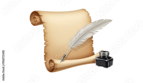 A vector graphic of a quill pen and inkwell on a parchment scroll